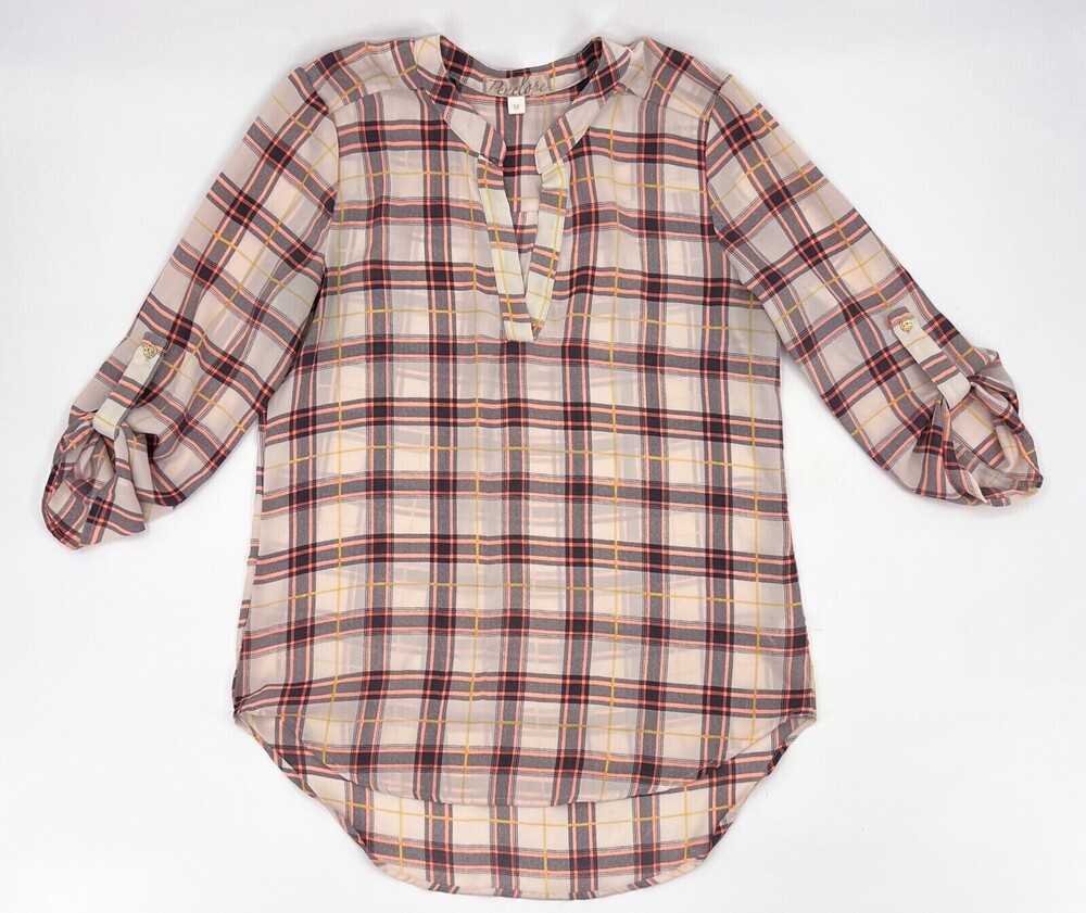 Penelope Shirt Womens Medium Plaid Roll Tab. Sleeve Tunic V-neck